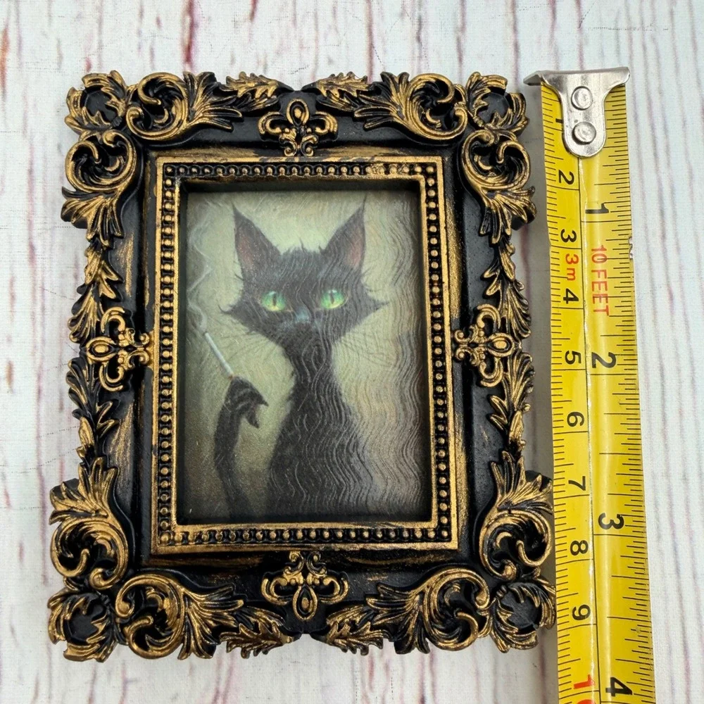 Smoking Black Cat Ornate Gold Black Resin Frame Decoupage Art Print 3.75x3.25